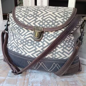 Myra Bag Cranky Crossbody Boho Shoulder Bag Purse Upcycled Canvas & Leather Nice